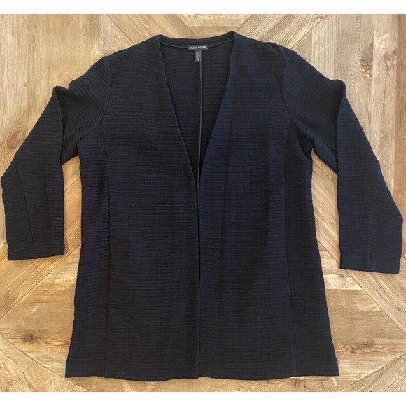 Eileen Fisher Classic Black Geometric Stretch Textured Open Front Jacket Large - Picture 2 of 9